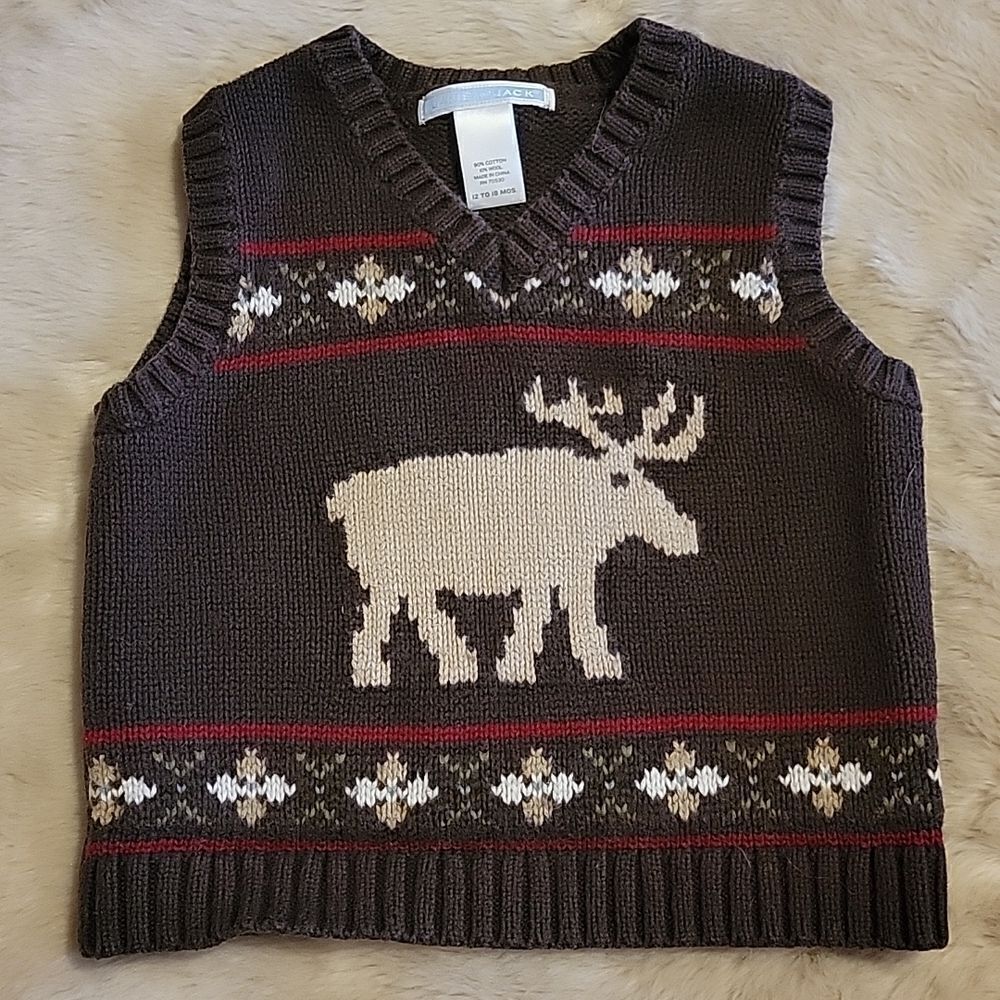 JANIE AND JACK BROWN WOOL BLEND SWEATER VEST WITH MOOSE. SIZE 12-18 MONTHS